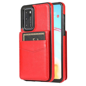 für Huawei P30 Serie 5 Karten mit Standfuß (Lederoptik) Handyhulle Handyhülle mit Kartenfach Huawei P30 Red 