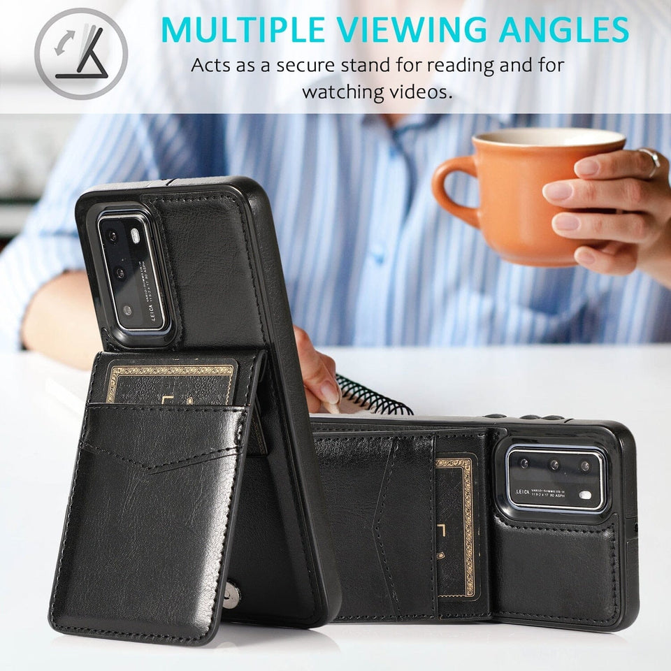 für Huawei P30 Serie 5 Karten mit Standfuß (Lederoptik) Handyhulle Handyhülle mit Kartenfach 