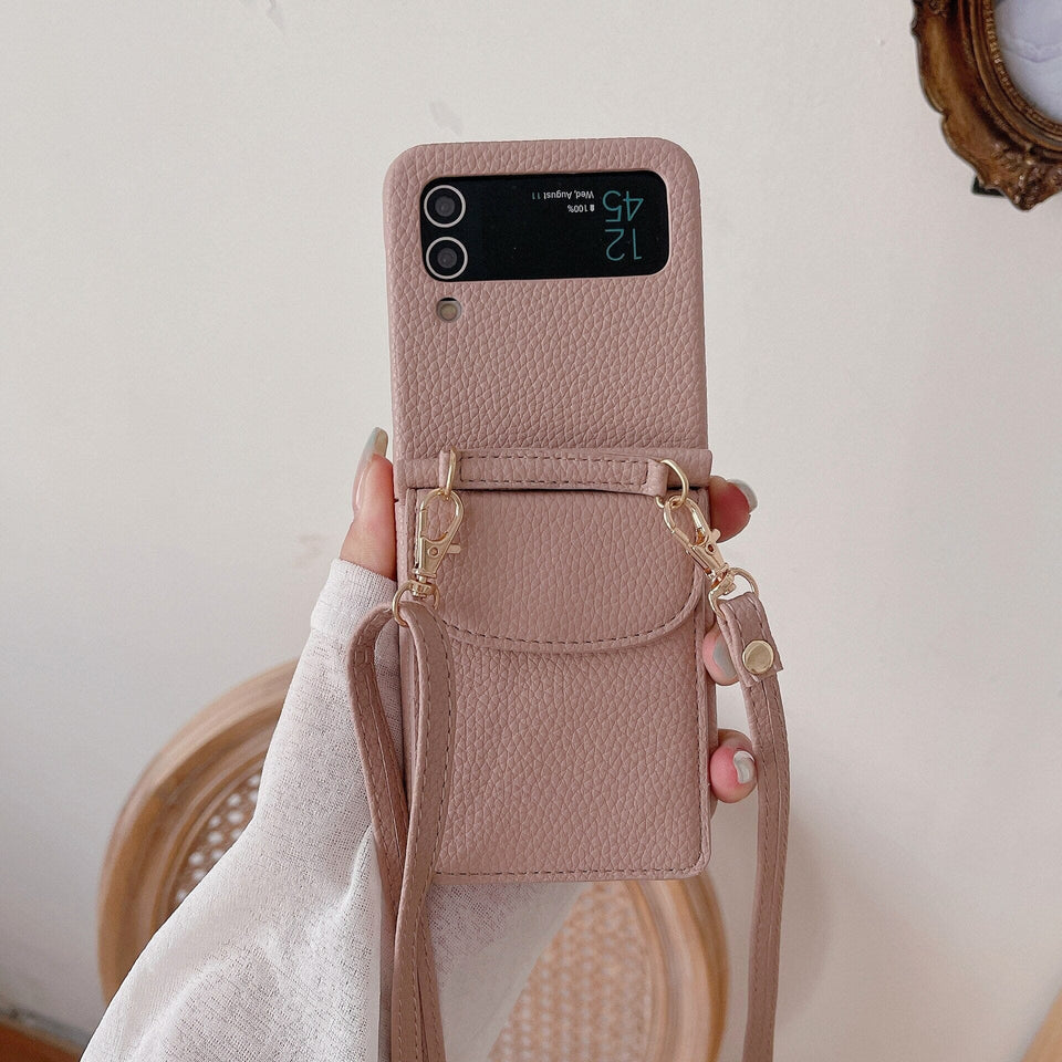 Leder-Optik Crossbody Handyhülle für Samsung Galaxy Z Flip3 Handyhulle Handyhülle mit Kartenfach PInk Galaxy Z Flip3 5G 