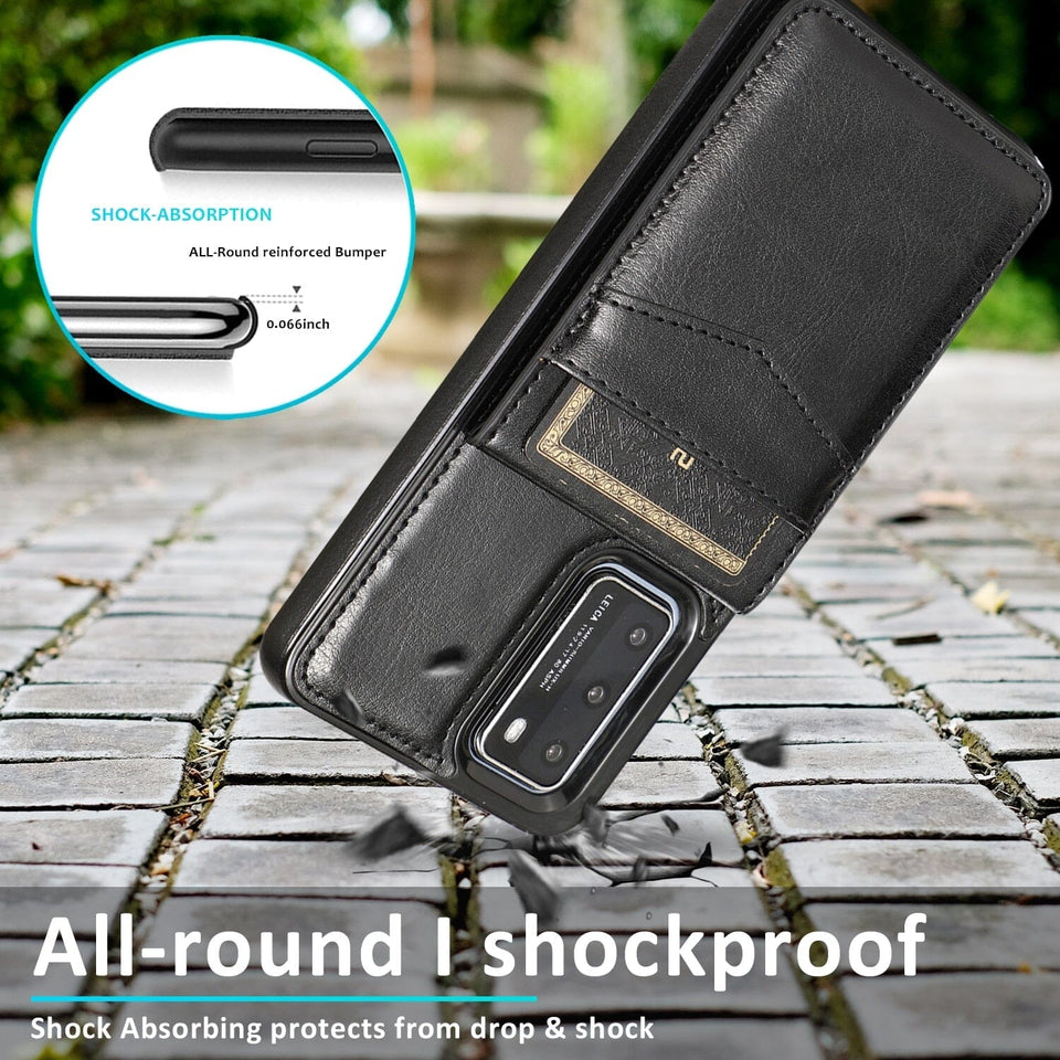 für Huawei P30 Serie 5 Karten mit Standfuß (Lederoptik) Handyhulle Handyhülle mit Kartenfach 