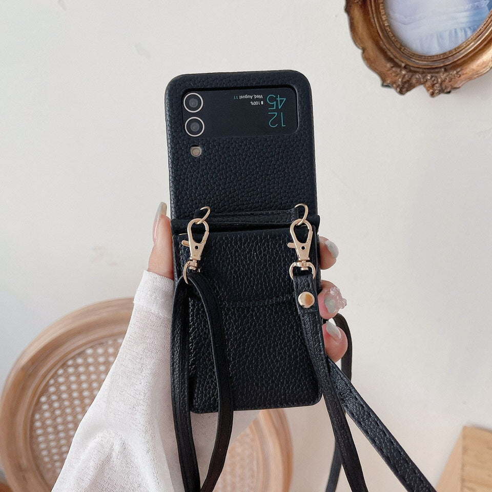 Leder-Optik Crossbody Handyhülle für Samsung Galaxy Z Flip3 Handyhulle Handyhülle mit Kartenfach Black Galaxy Z Flip3 5G 