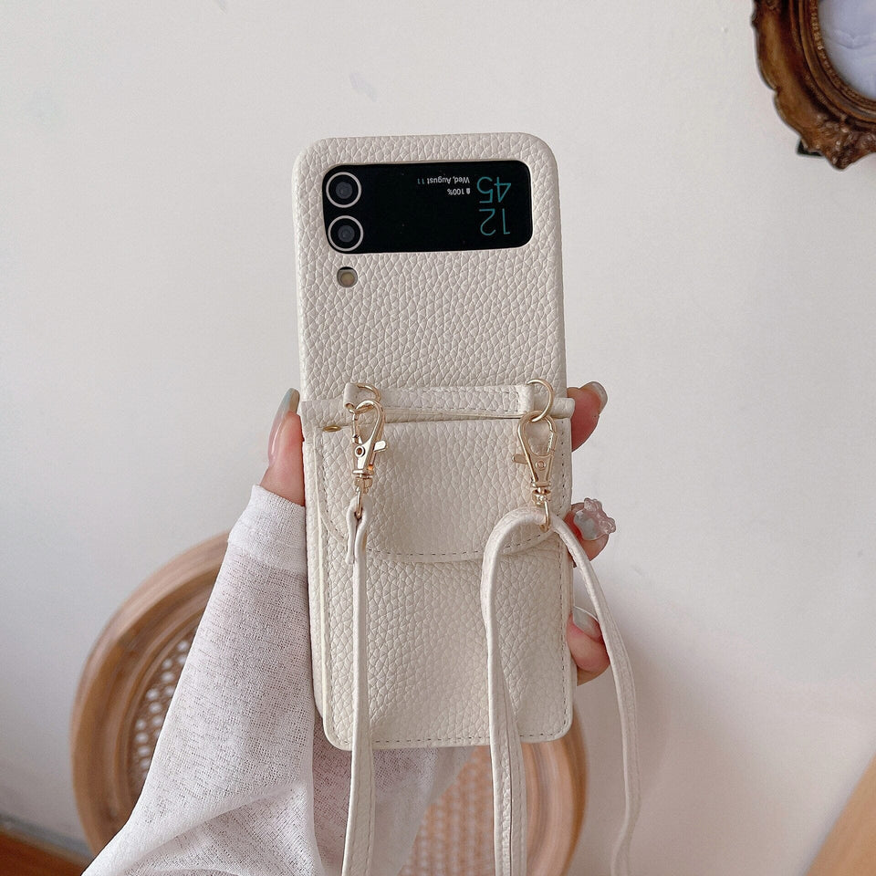 Leder-Optik Crossbody Handyhülle für Samsung Galaxy Z Flip5 Handyhulle Handyhülle mit Kartenfach White Galaxy Z Flip5 