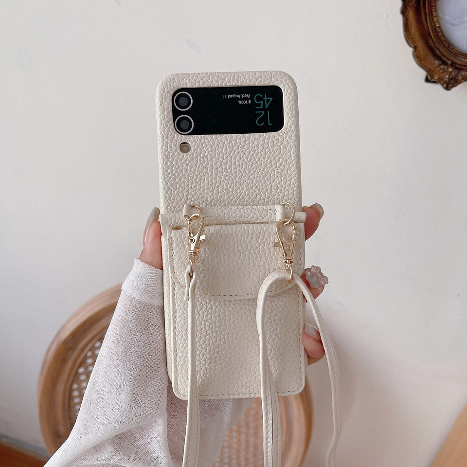 Leder-Optik Crossbody Handyhülle für Samsung Galaxy Z Flip3 Handyhulle Handyhülle mit Kartenfach White Galaxy Z Flip3 5G 