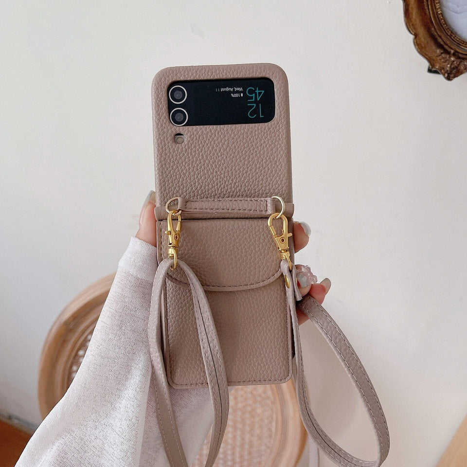 Leder-Optik Crossbody Handyhülle für Samsung Galaxy Z Flip5 Handyhulle Handyhülle mit Kartenfach Camel Galaxy Z Flip5 