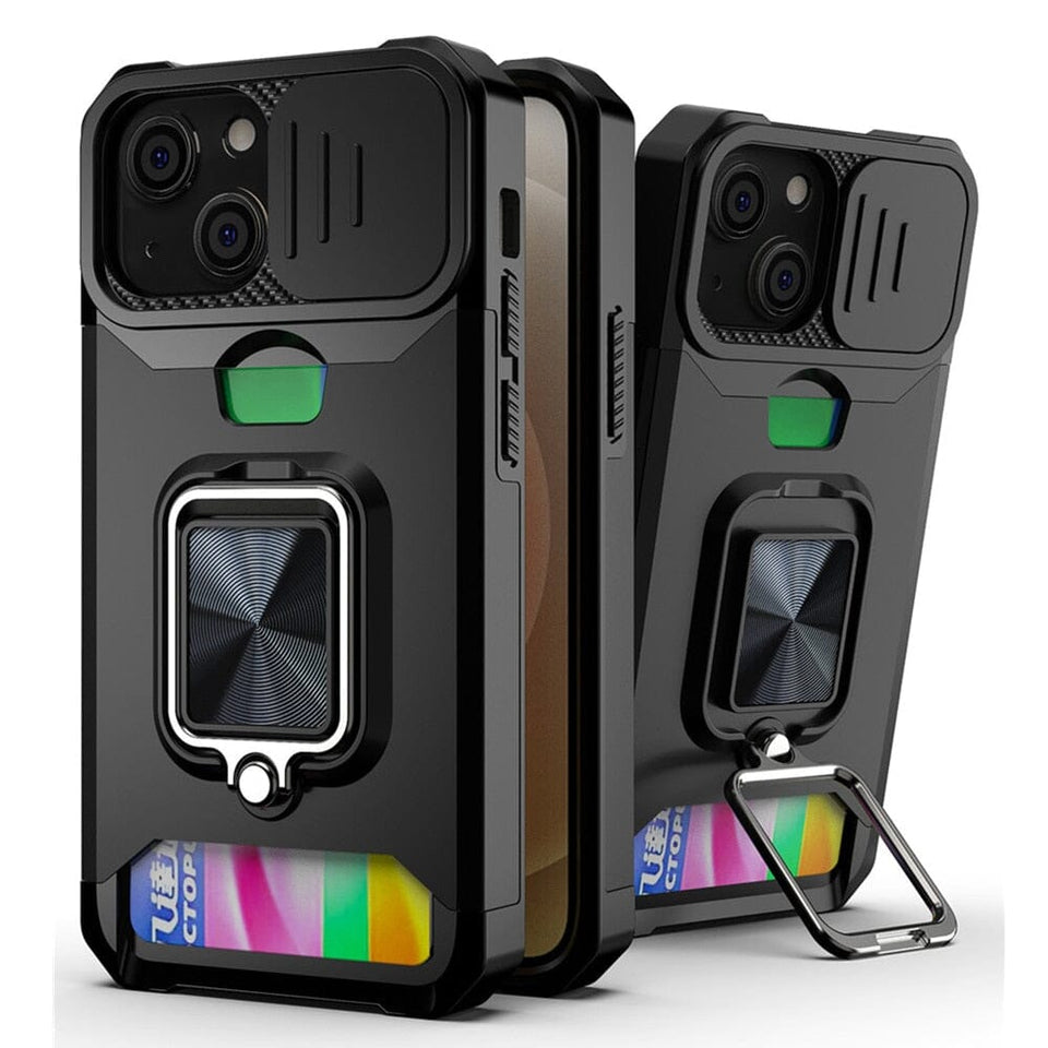 3-in-1 abgeschirmtes Ringgehäuse mit Kartensteckplatz für Apple iPhone SE serie Handyhulle Handyhülle mit Kartenfach Black For iPhone SE 2020 