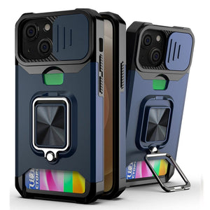 3-in-1 abgeschirmtes Ringgehäuse mit Kartensteckplatz für Apple iPhone SE serie Handyhulle Handyhülle mit Kartenfach Navy Blue For iPhone SE 2020 